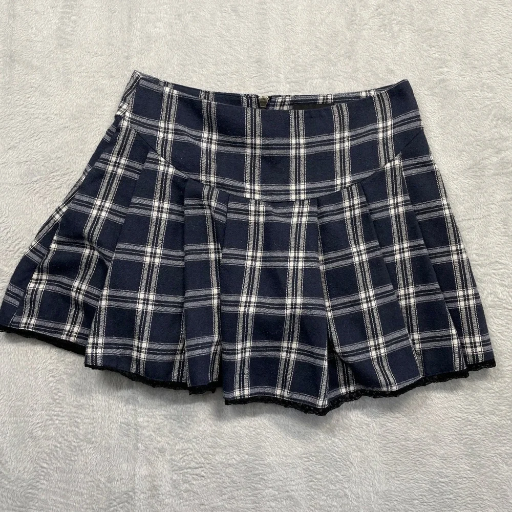 Current Mood Mini Skirt Women Large Blue Plaid Pleated Lace Trim Drop Waist Zip